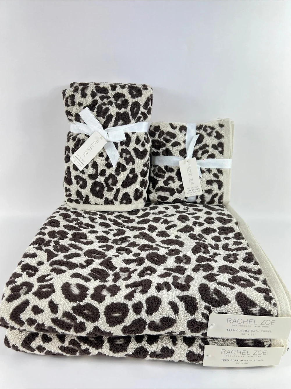 Rachel Zoe Leopard Bath Towel Set Brown Cream Animal Print Soft Cotton 8 Pc NEW